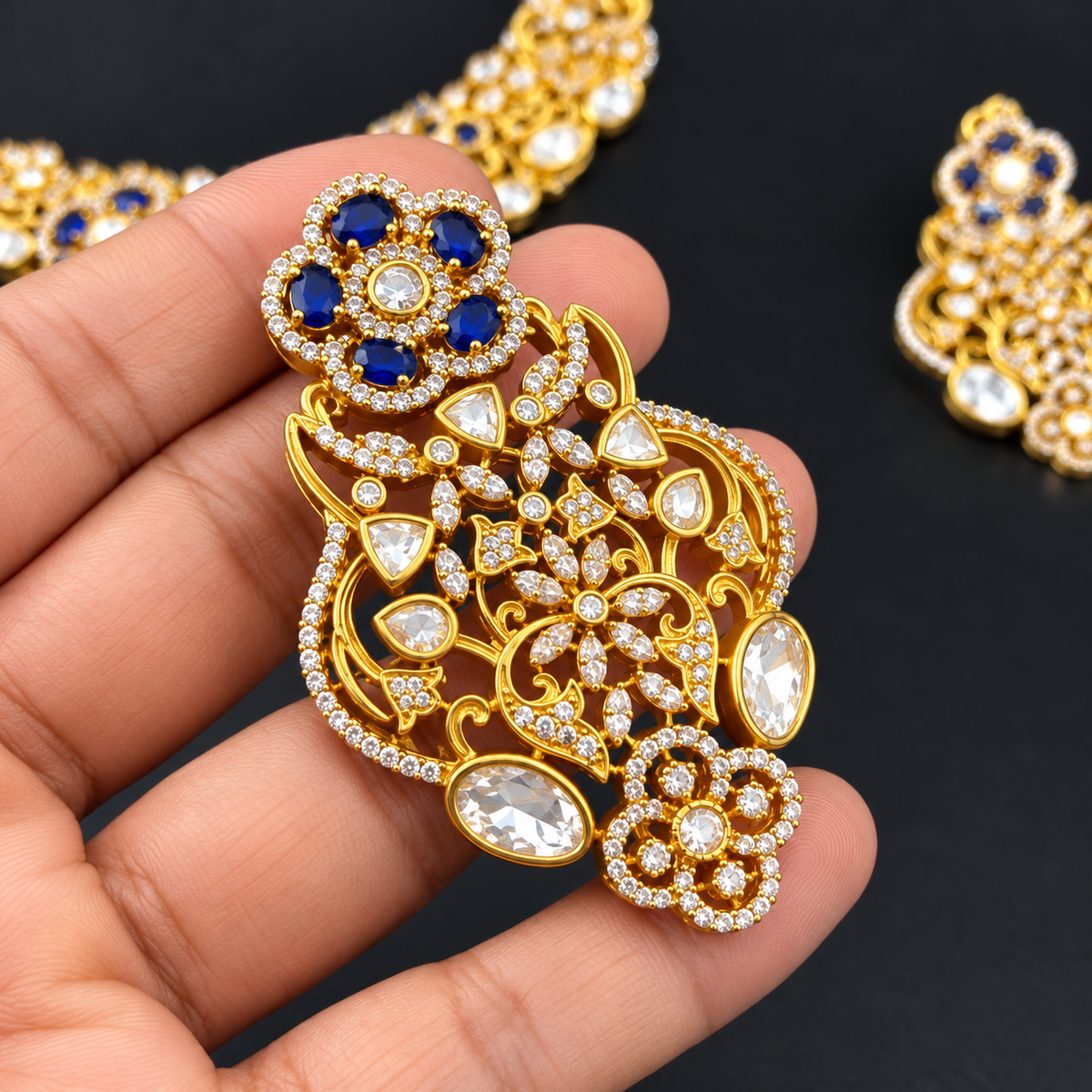Gold Premium Kundan Choker Necklace With Earring Set Blue | Green