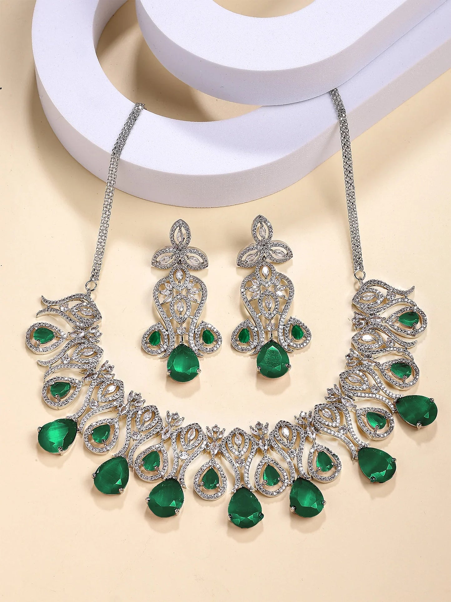 Traditional Royal Design Green American Diamond Necklace Set for Women