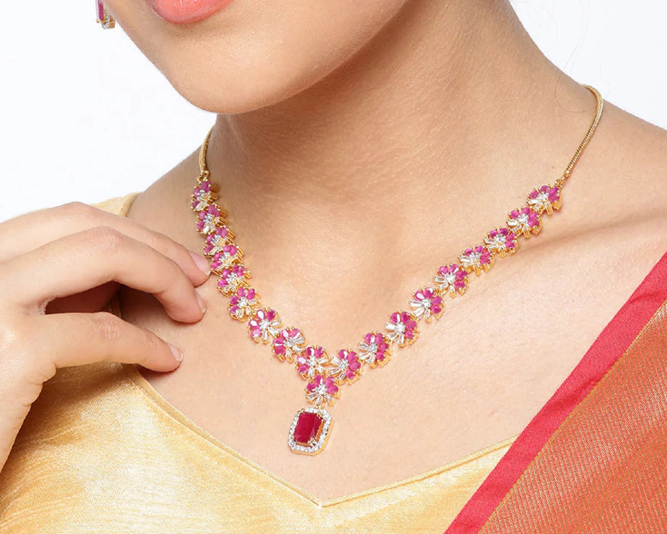 Imported Riva Pink Ruby Gold Plated Jewellery Set