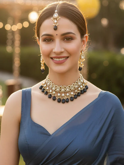 Gold Plated Blue Tumble Choker Necklace Set for Women