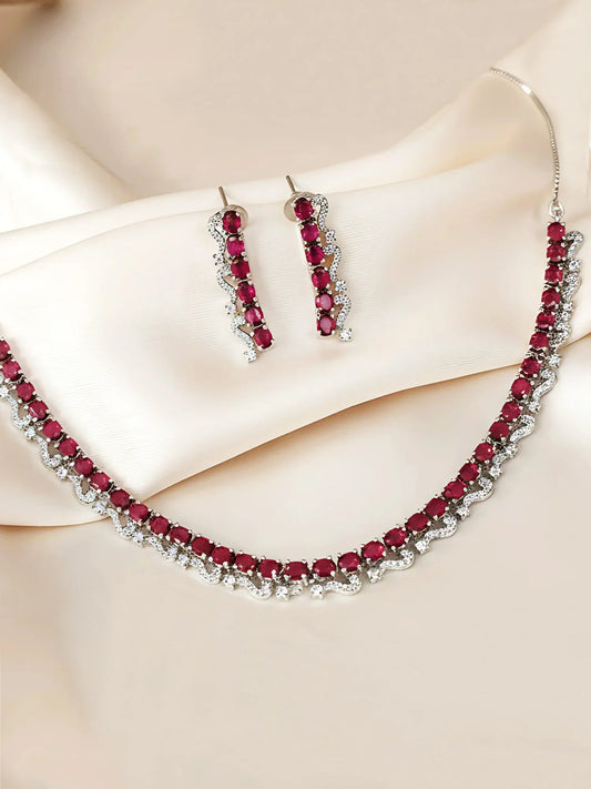 Elegant Red American Diamond Silver-Plated Premium Jewellery Set for Women