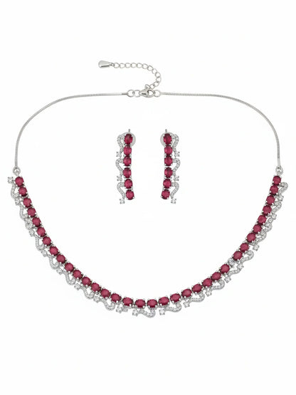 Elegant Red American Diamond Silver-Plated Premium Jewellery Set for Women