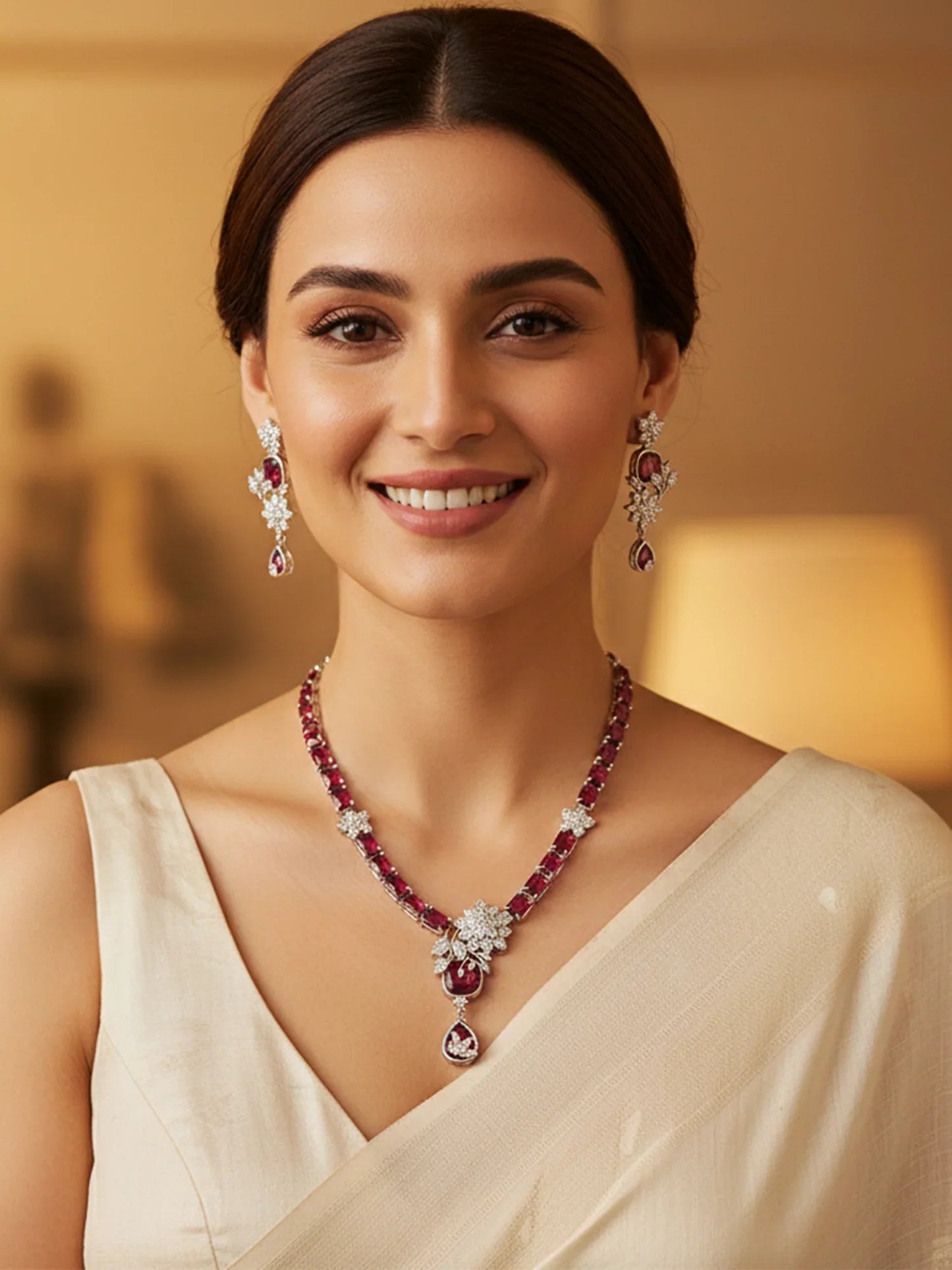 Dazzling Red American Diamond Silver Tone Floral Jewellery Set for Women