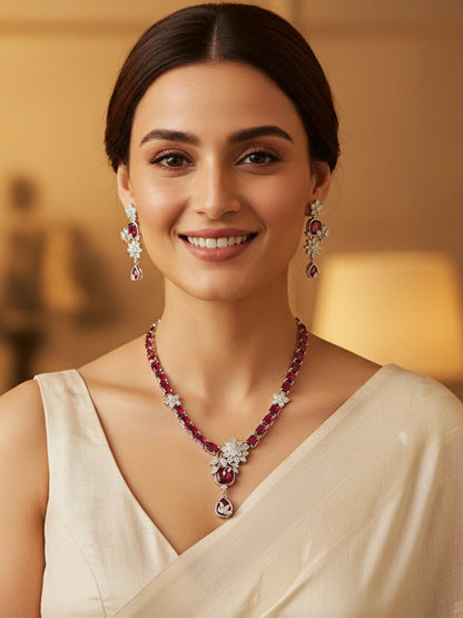 Dazzling Red American Diamond Silver Tone Floral Jewellery Set for Women