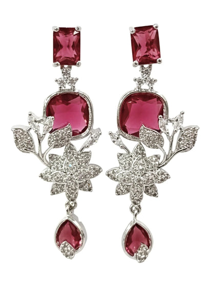Dazzling Red American Diamond Silver Tone Floral Jewellery Set for Women