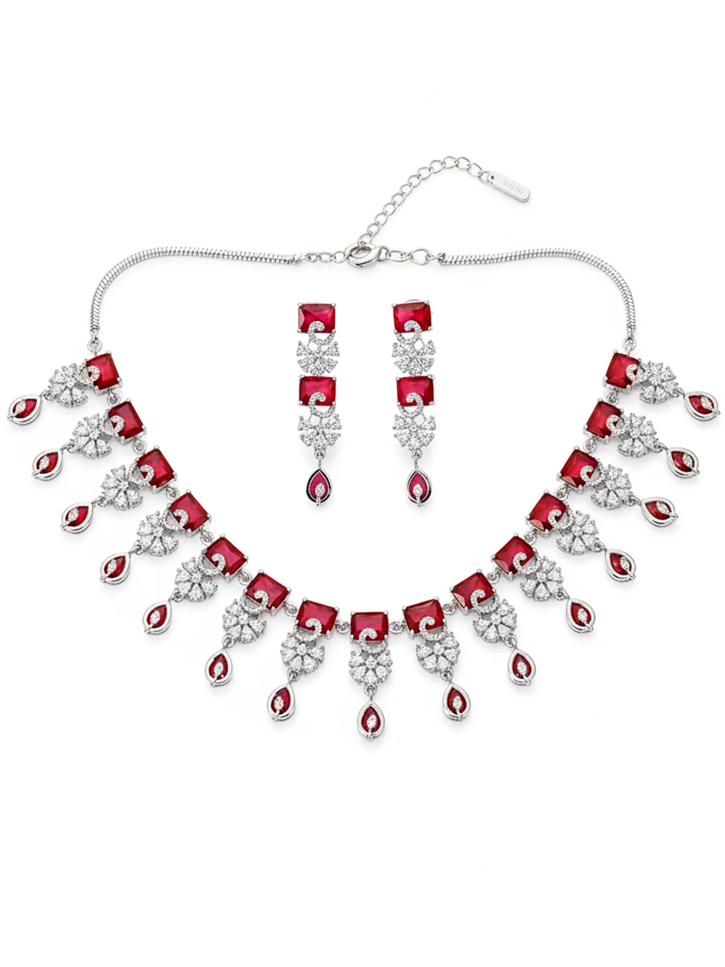 Elegant Ruby Red American Diamond Silver Plated Jewellery Set for Women