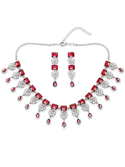 Elegant Ruby Red American Diamond Silver Plated Jewellery Set for Women