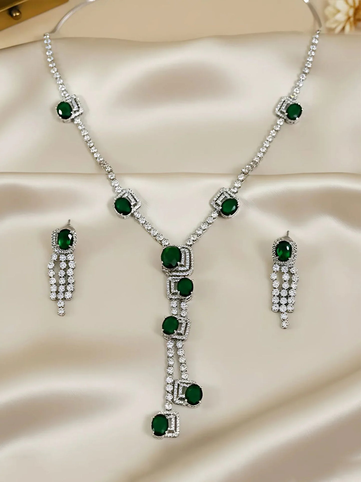Premium & Classic Silver Plated Green American Diamond Long Jewellery Set for Women