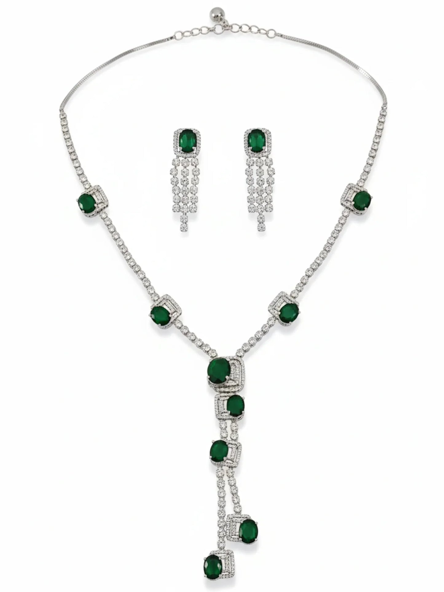 Premium & Classic Silver Plated Green American Diamond Long Jewellery Set for Women