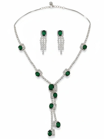 Premium & Classic Silver Plated Green American Diamond Long Jewellery Set for Women