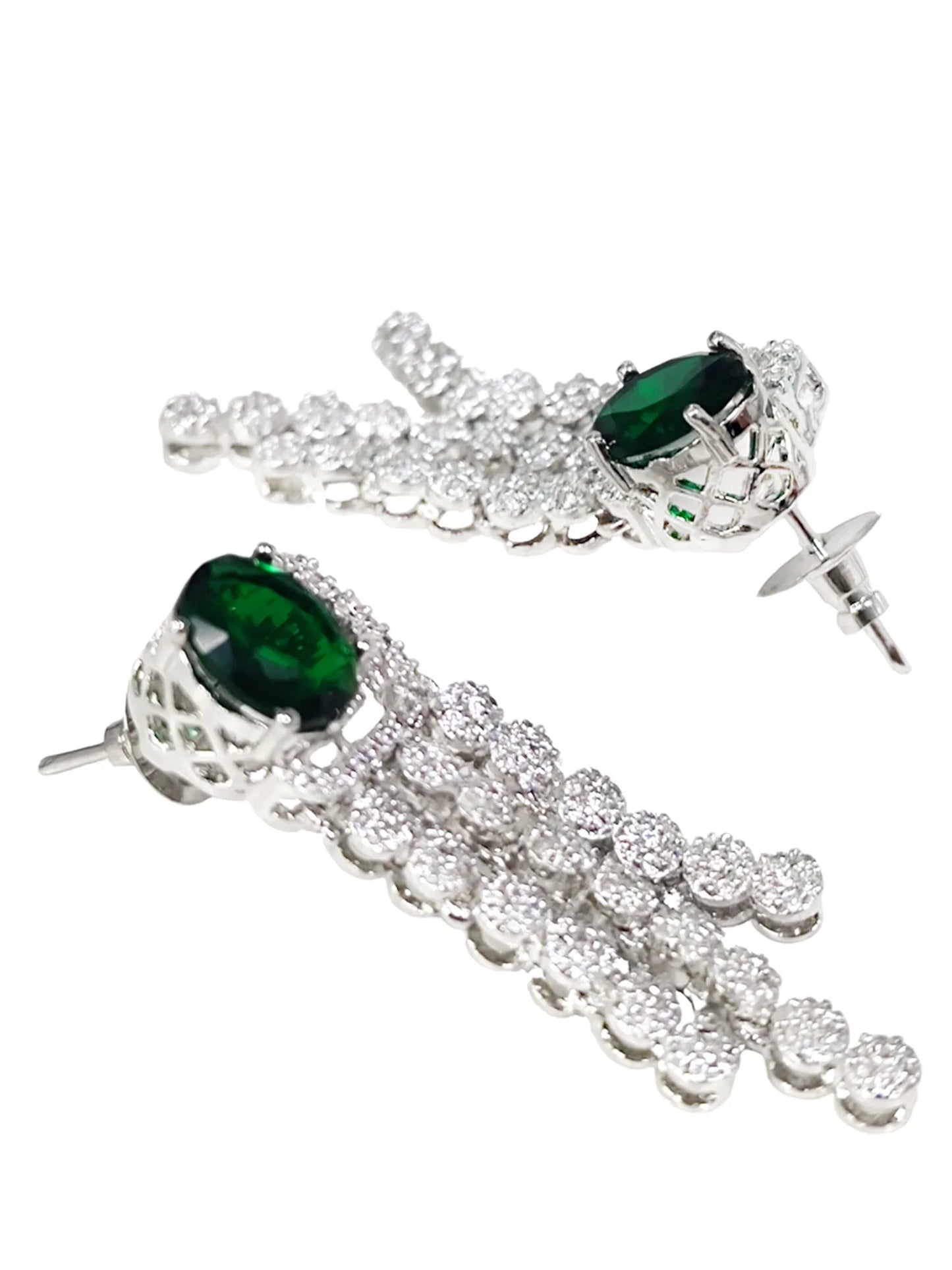 Premium & Classic Silver Plated Green American Diamond Long Jewellery Set for Women