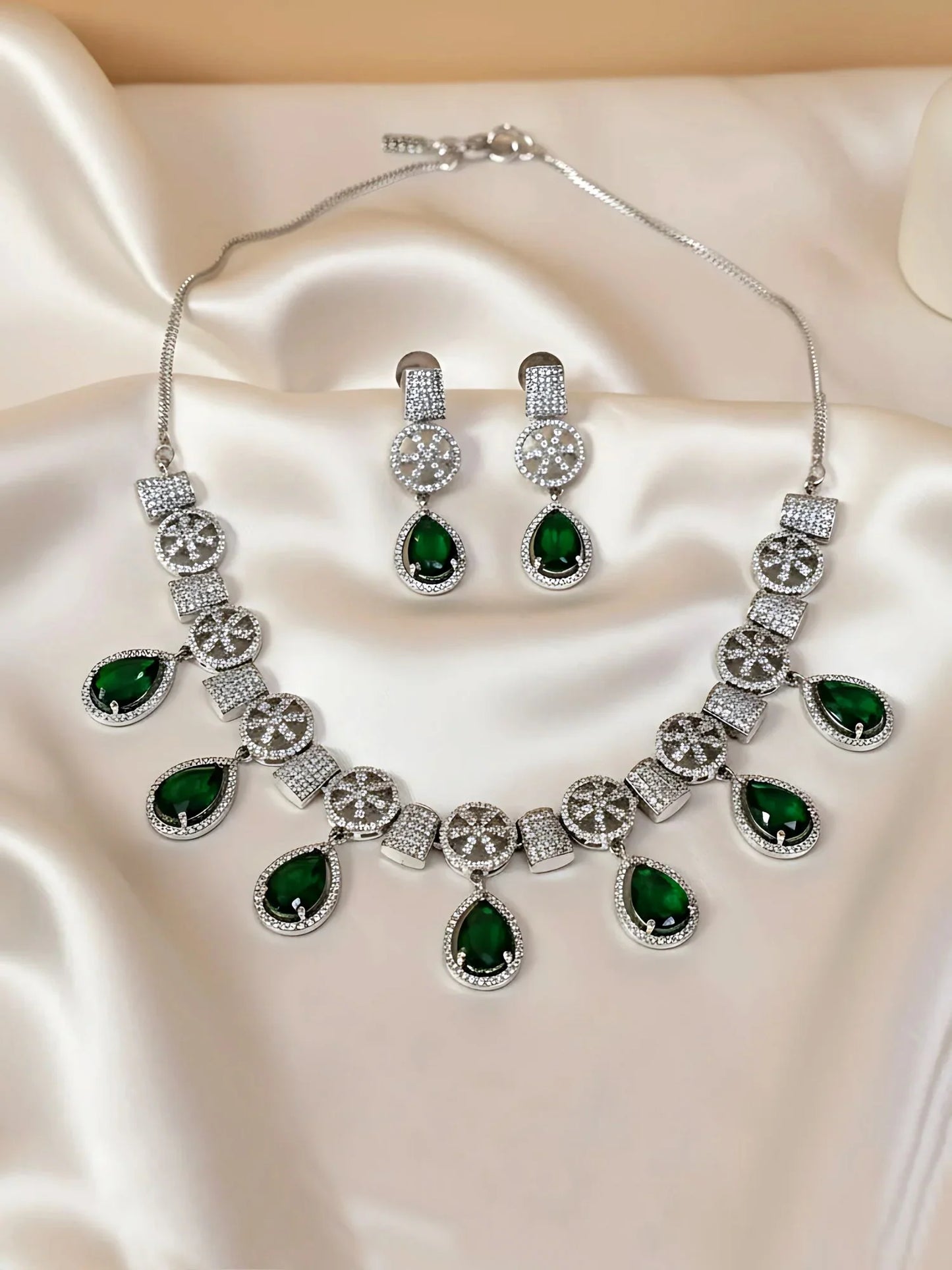 Luxury Silver Plated Green Teardrop American Diamond Classic Jewellery Set for Women-ZEVER
