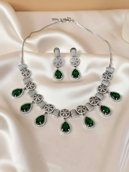 Luxury Silver Plated Green Teardrop American Diamond Classic Jewellery Set for Women-ZEVER
