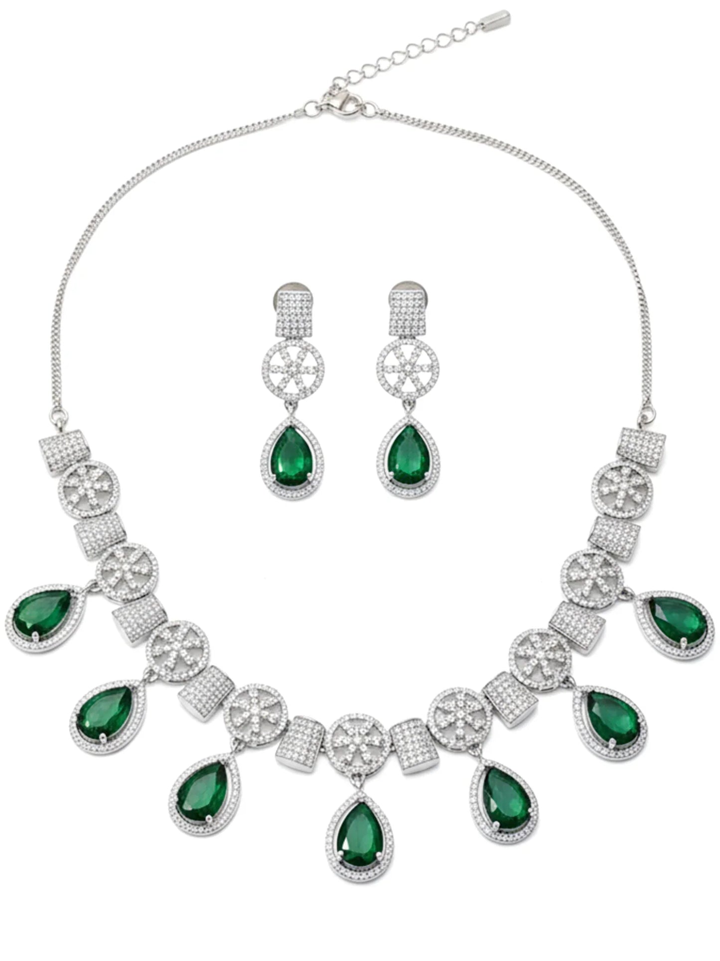 Luxury Silver Plated Green Teardrop American Diamond Classic Jewellery Set for Women-ZEVER