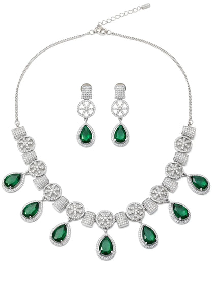 Luxury Silver Plated Green Teardrop American Diamond Classic Jewellery Set for Women-ZEVER