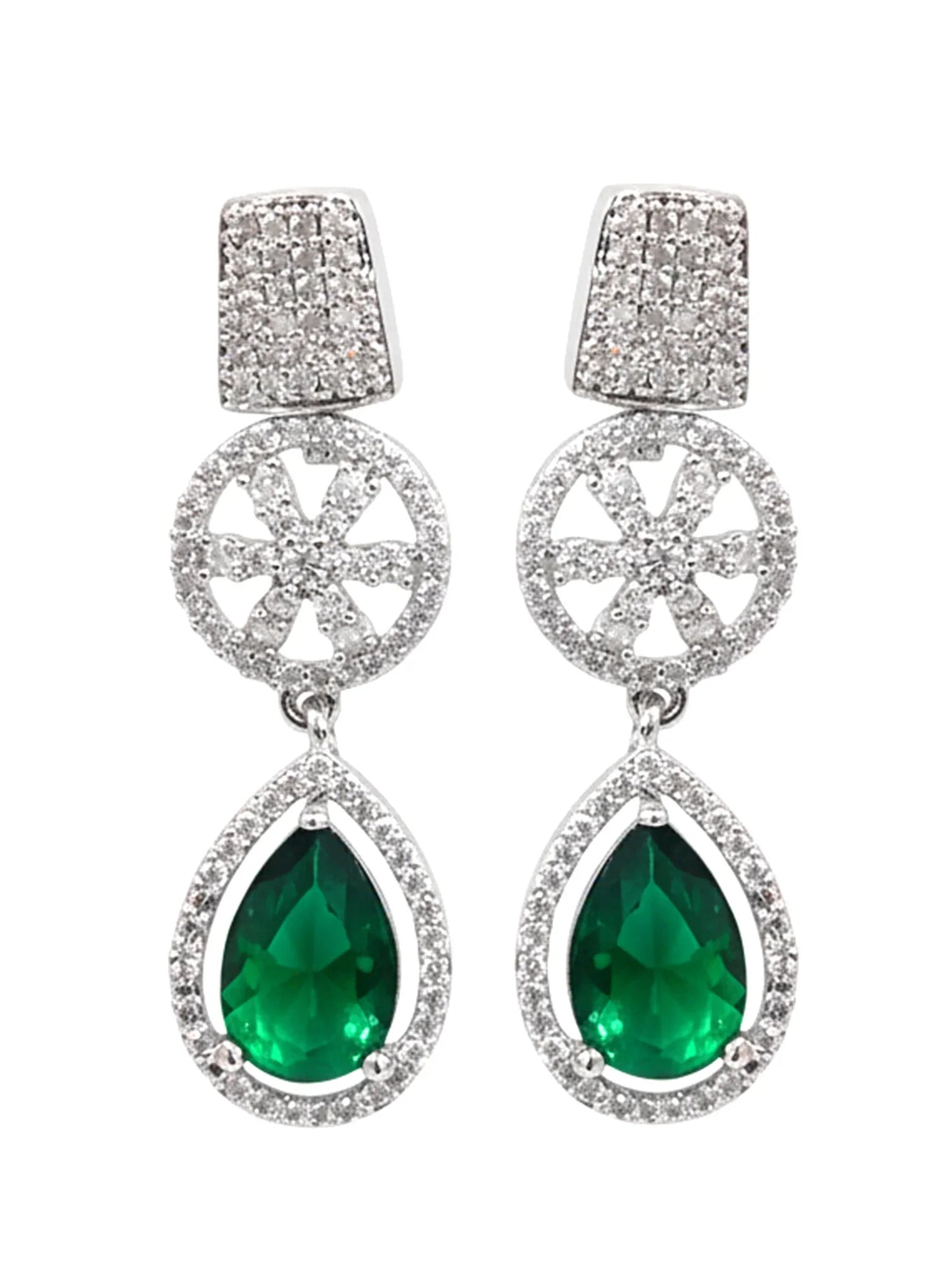 Luxury Silver Plated Green Teardrop American Diamond Classic Jewellery Set for Women-ZEVER