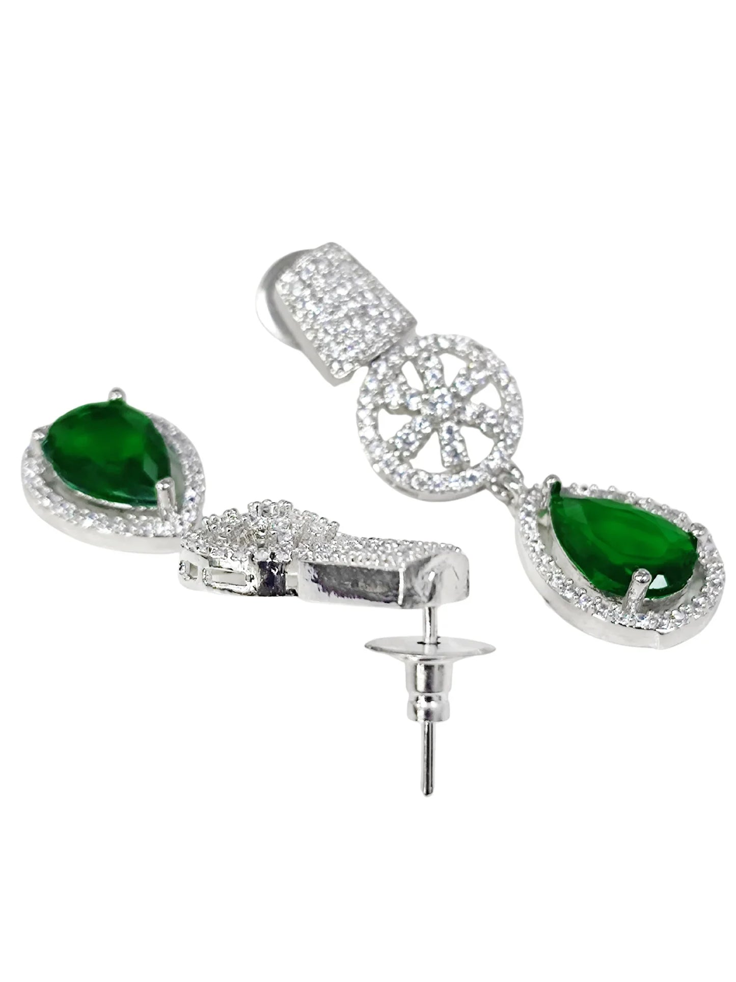 Luxury Silver Plated Green Teardrop American Diamond Classic Jewellery Set for Women-ZEVER