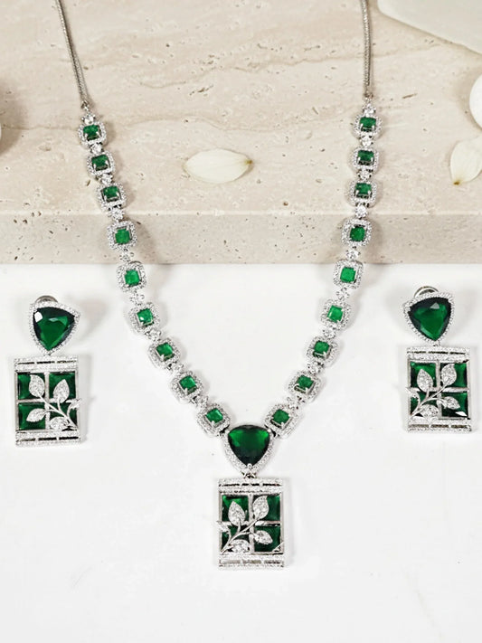 Designer Green Leaf American Diamond Classic Jewellery Set for Women
