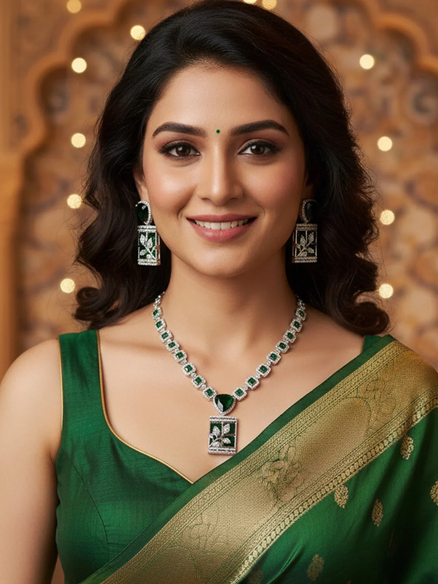 Designer Green Leaf American Diamond Classic Jewellery Set for Women
