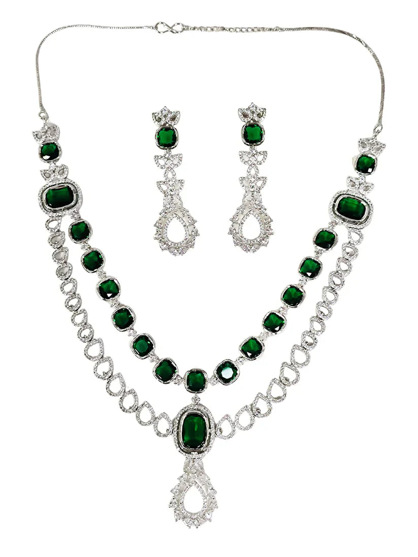 Elegant Green American Diamond Dual-Layer Silver-Plated Jewellery Set for Women