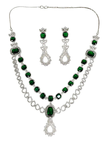 Elegant Green American Diamond Dual-Layer Silver-Plated Jewellery Set for Women