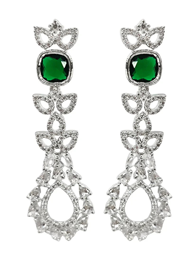 Elegant Green American Diamond Dual-Layer Silver-Plated Jewellery Set for Women