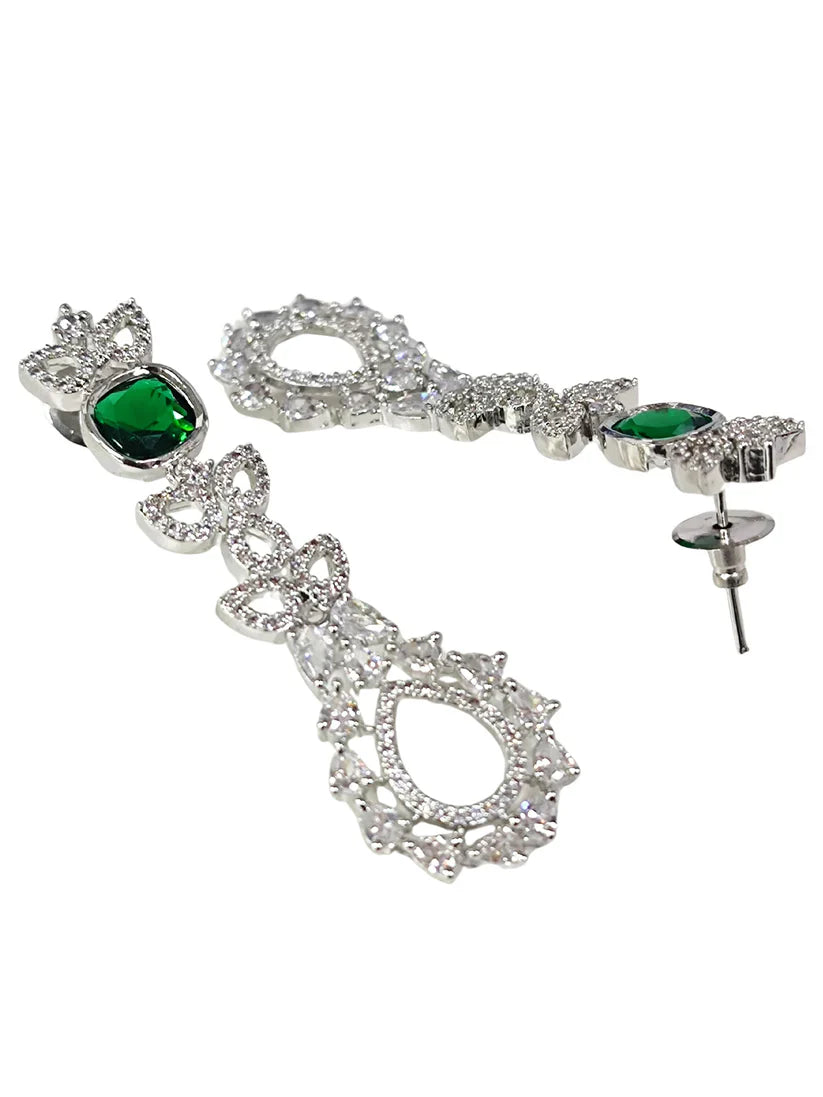 Elegant Green American Diamond Dual-Layer Silver-Plated Jewellery Set for Women