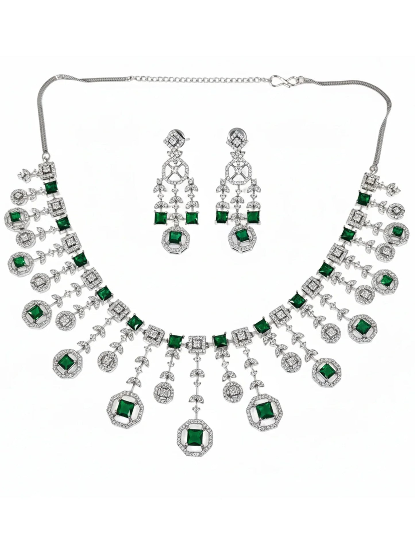 Designer Green American Diamond Classic Silver-Tone Jewellery Set for Women