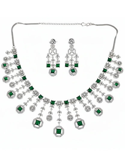 Designer Green American Diamond Classic Silver-Tone Jewellery Set for Women