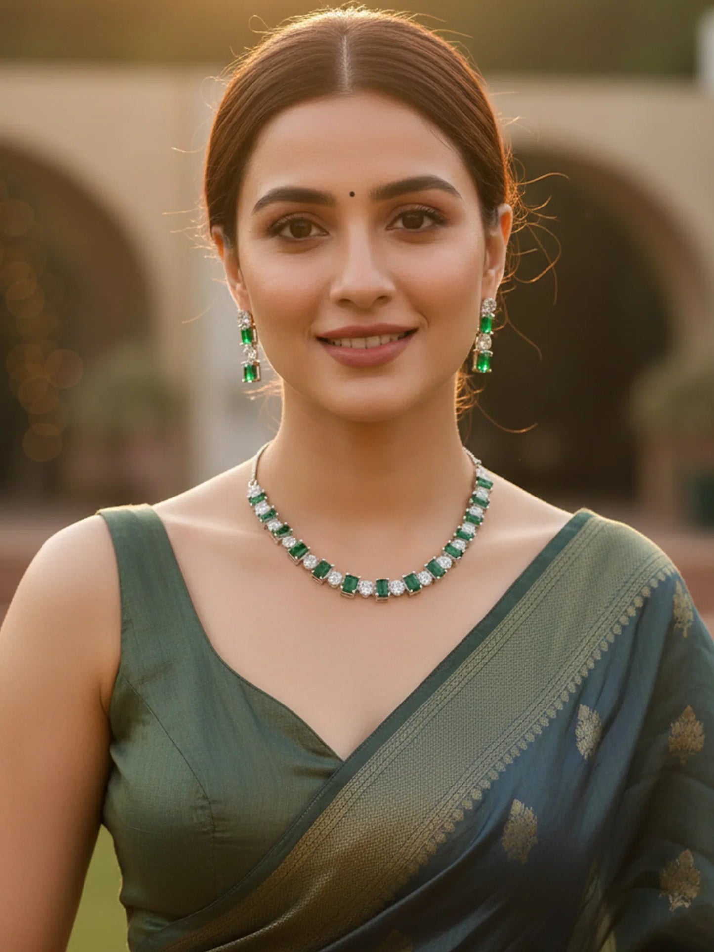 Silver-Plated Green American Diamond Delicate Necklace Set for Women