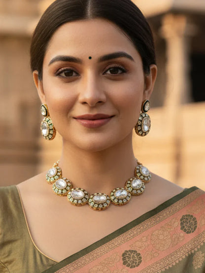 Stunning Oval-Shaped Green Meenakari Gold-Plated Ethnic Jewellery Set for Women