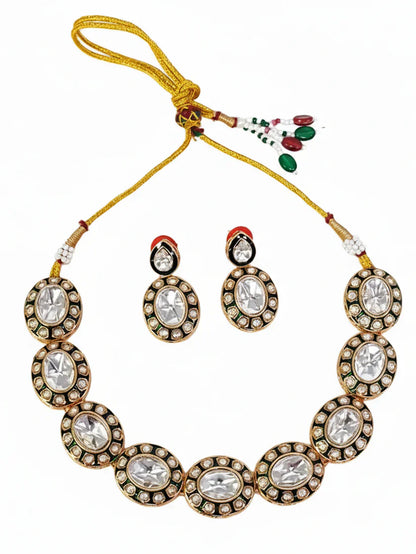 Stunning Oval-Shaped Green Meenakari Gold-Plated Ethnic Jewellery Set for Women