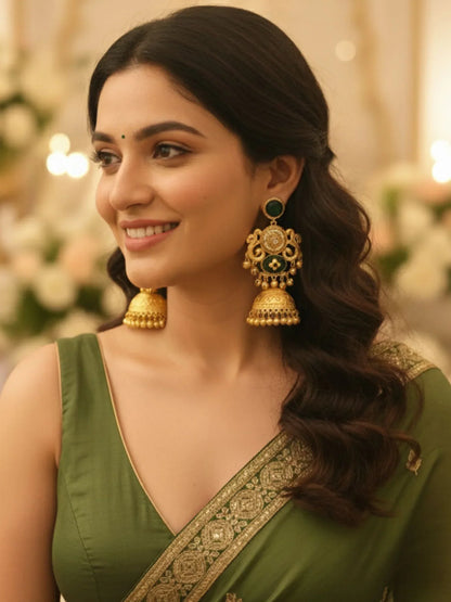 Designer Temple Design Green Stone Gold-Plated Jhumka Earrings for Women