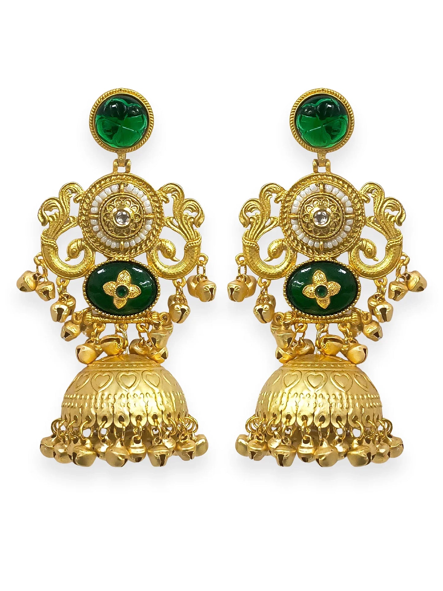 Designer Temple Design Green Stone Gold-Plated Jhumka Earrings for Women