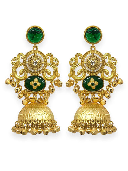 Designer Temple Design Green Stone Gold-Plated Jhumka Earrings for Women