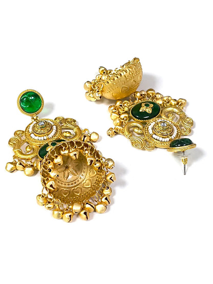 Designer Temple Design Green Stone Gold-Plated Jhumka Earrings for Women