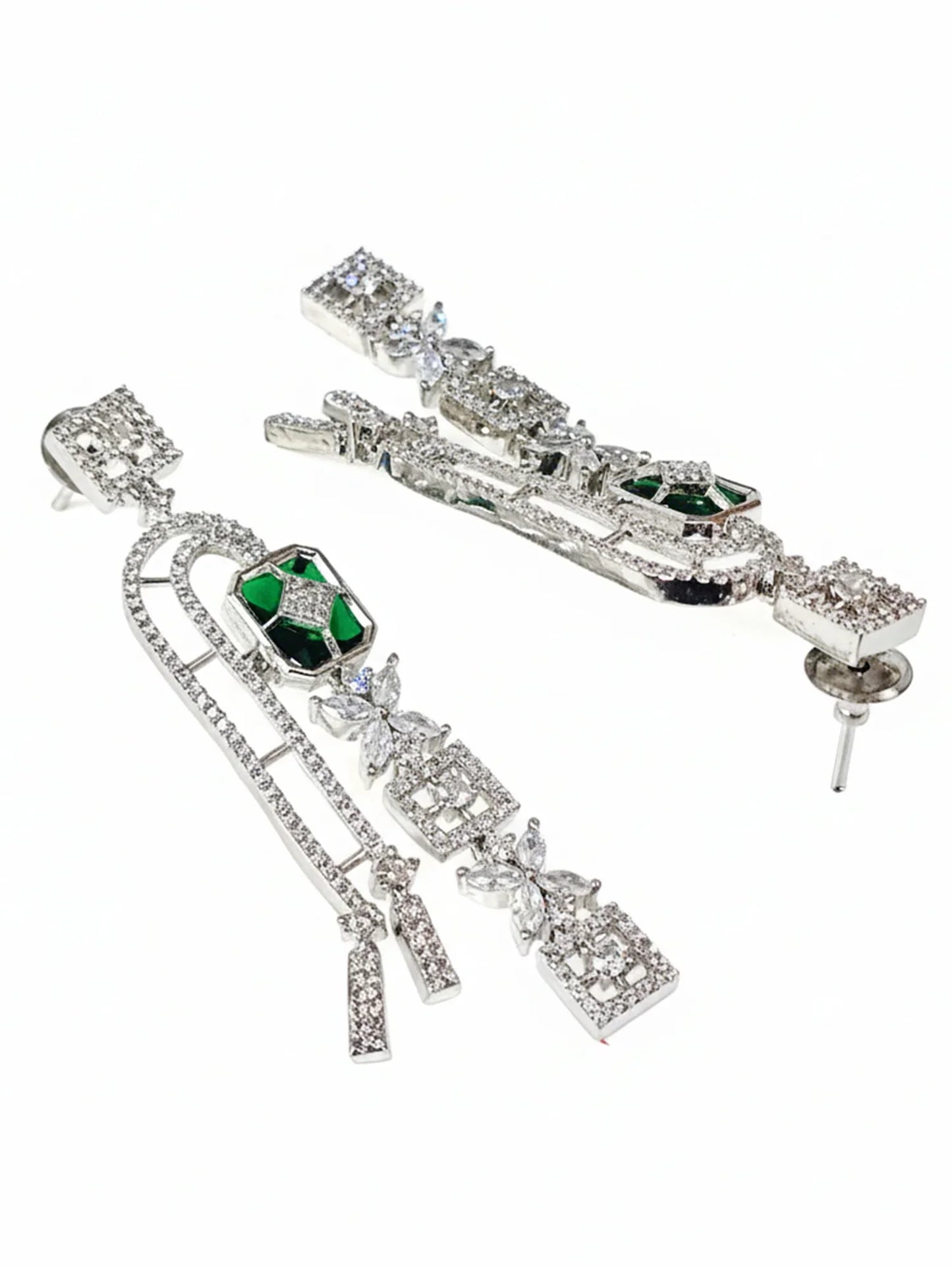 Royal Green American Diamond Silver-Plated Drop Earrings for Women