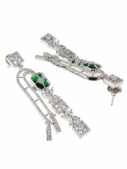 Royal Green American Diamond Silver-Plated Drop Earrings for Women