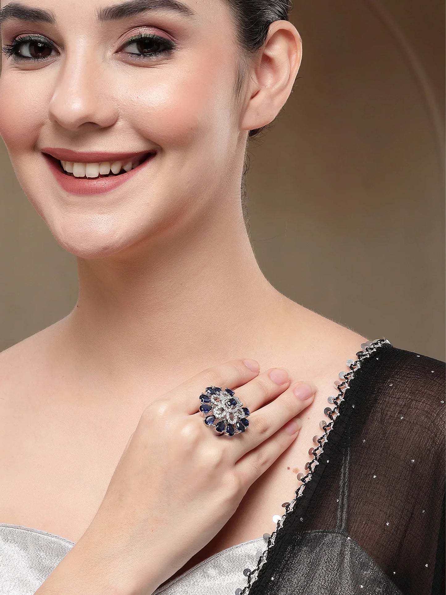 Luxury & Aesthetic  Blue Floral Design Adjustable Finger Ring