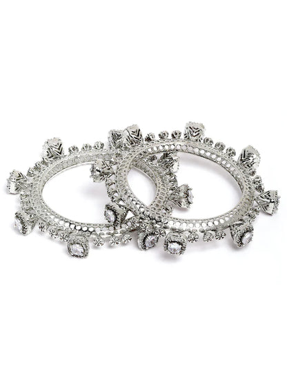 Rhodium-Plated Teardrop Cubic Zirconia Studded Handcrafted Premium Bangles for Women
