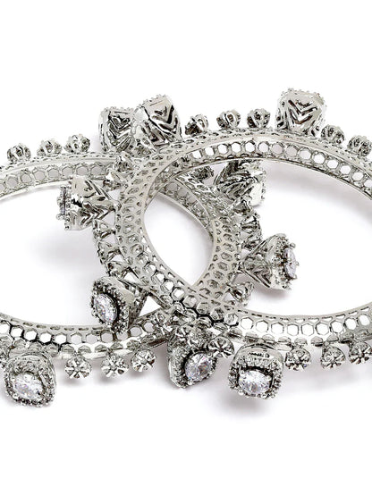 Rhodium-Plated Teardrop Cubic Zirconia Studded Handcrafted Premium Bangles for Women