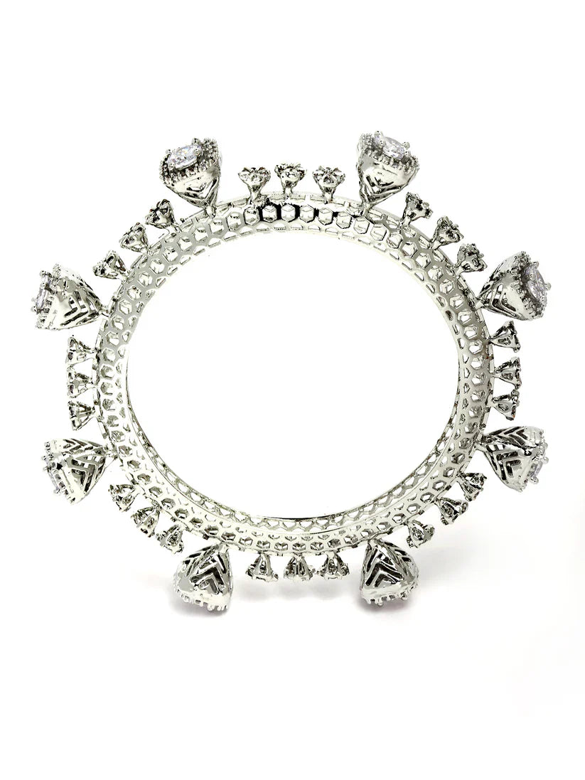 Rhodium-Plated Teardrop Cubic Zirconia Studded Handcrafted Premium Bangles for Women