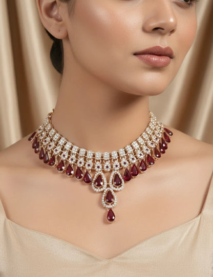 Trendy American Diamond Gold Plated Jewellery Set Red zercon