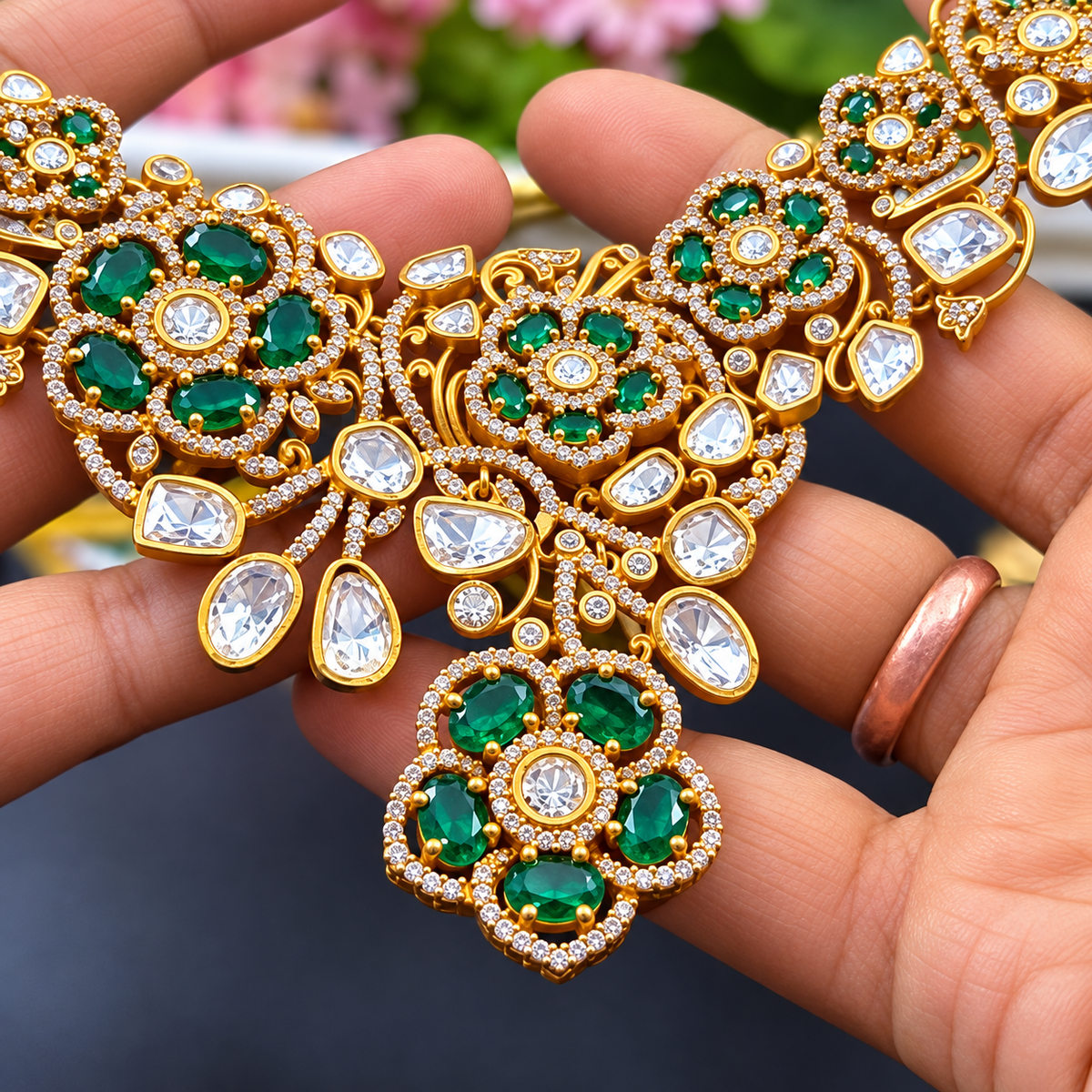 Gold Premium Kundan Choker Necklace With Earring Set Blue | Green