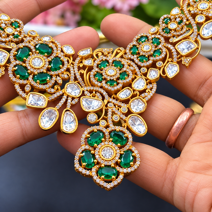 Gold Premium Kundan Choker Necklace With Earring Set Blue | Green