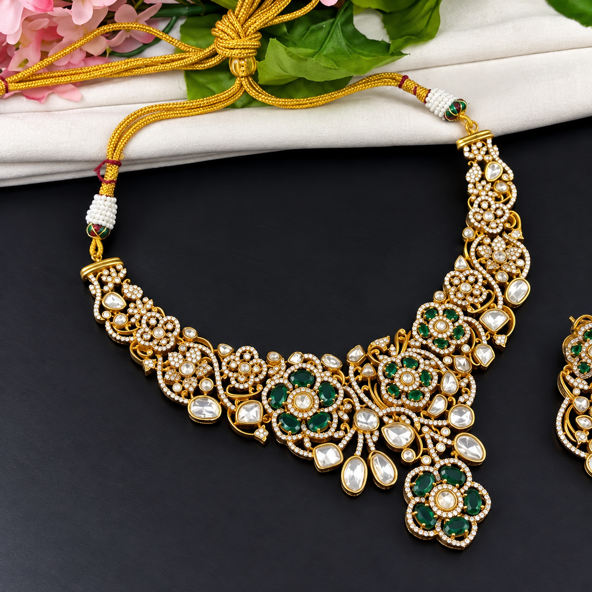 Gold Premium Kundan Choker Necklace With Earring Set Blue | Green