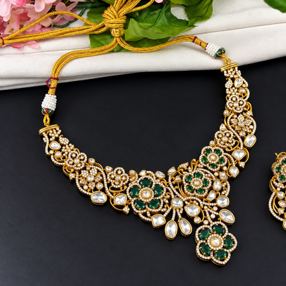 Gold Premium Kundan Choker Necklace With Earring Set Blue | Green