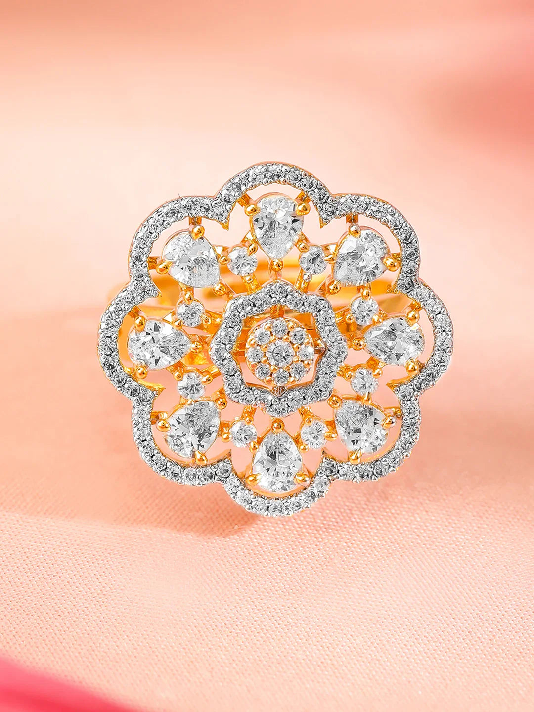 Gold-Plated Zirconia Floral Design Adjustable Finger Ring