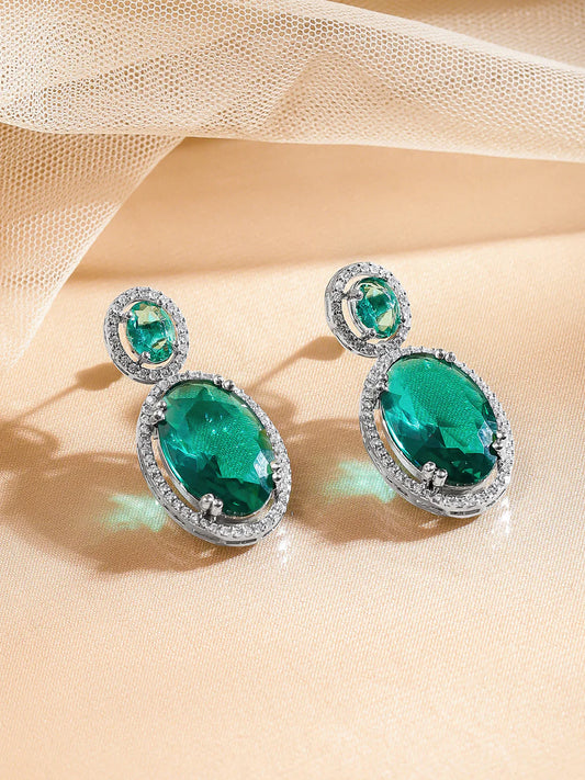 Emerald Glow Silver Drop Earrings