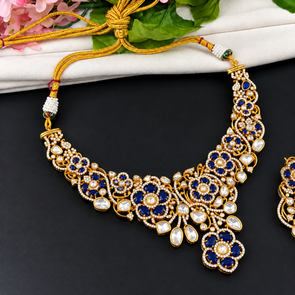 Gold Premium Kundan Choker Necklace With Earring Set Blue | Green
